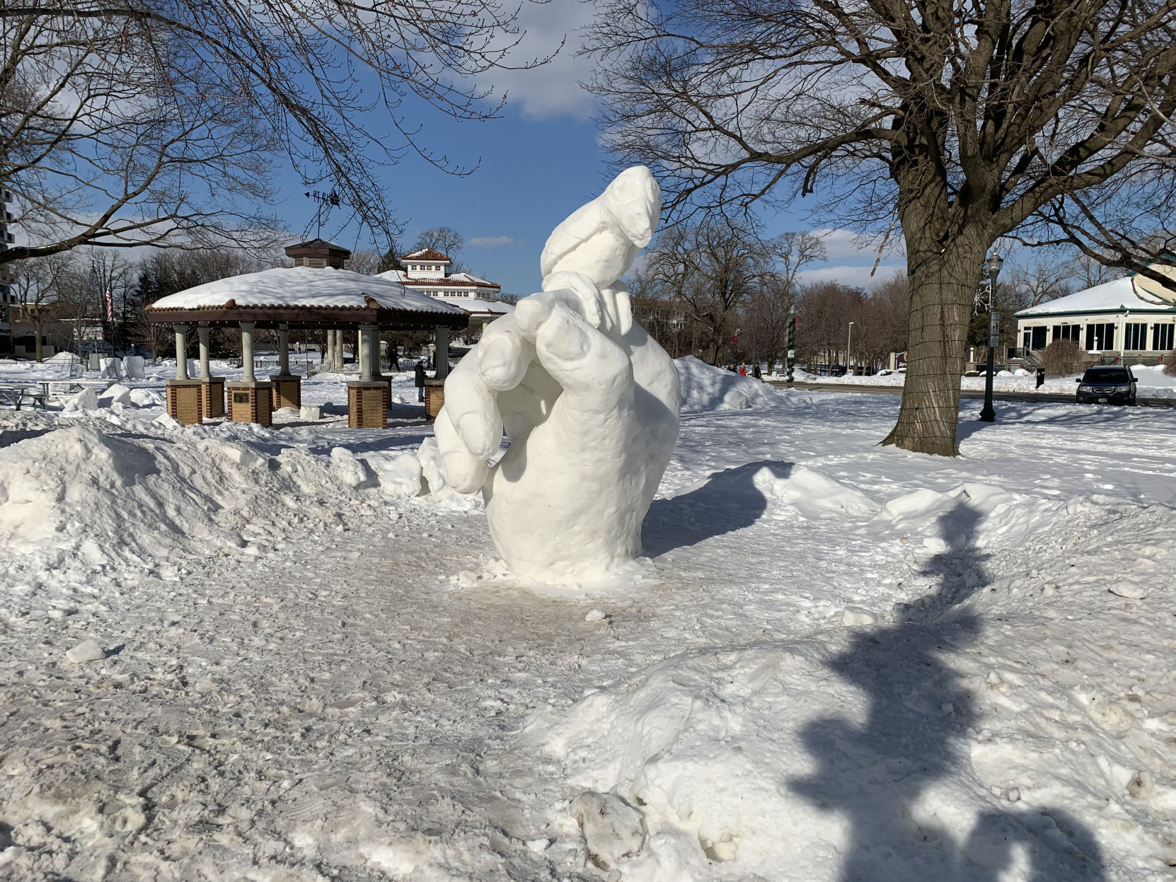 The "Bird in the Hand" sculpture still intact